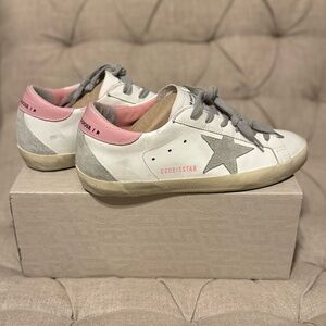 Golden Goose Women’s Super-Star with gray suede star and pink heel tab